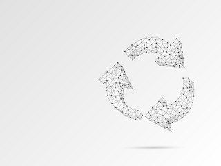 Fototapeta premium Refresh circular arrows symbol. Wireframe digital 3d illustration. Low poly, repeat, refresh button concept on white background. Abstract Raster polygonal origami style sign. RGB color mode