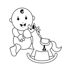 baby with wooden horse cartoon black and white