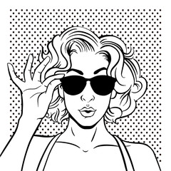 Portrait surprised girl in glasses. For party invitation, birthday card, sale banner… Vector in pop art retro comic style.