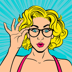 Portrait surprised girl in glasses. For party invitation, birthday card, sale banner… Vector colorful background in pop art retro comic style.