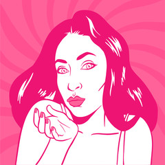 Pink Pretty woman sending a flying kiss over halftone dot background. Vector art pop illustration 