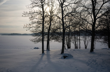 Winter view over a frozen lake Malaren in Stockholm.