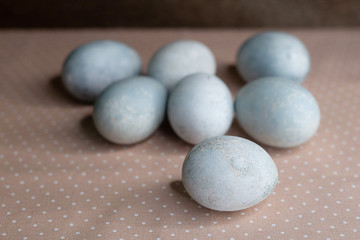 Fototapeta na wymiar blue easter eggs. chicken eggs painted with natural dye - hibiscus tea