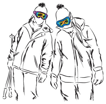 friends women ski equipment having fun illustration