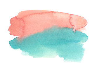 Coral pink and turquoise blue paint gradient. Watercolor stain on clean white background