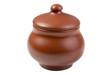 Brown clay pot with a lid on a white background