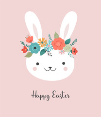 Happy Easter card - cute bunny with flower crown, vector illustration