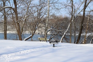 A empty park bench with a view of the river.