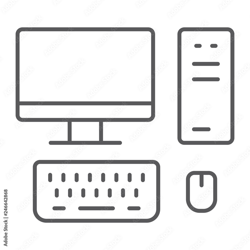 Poster pc thin line icon, technology and computer, desktop sign, vector graphics, a linear pattern on a whi