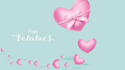 Cute and sweet elements in shape box of gift and heart tied by ribbon flying on pink background. Vector symbols of love for Happy Women's, Mother's, Valentine's Day, birthday greeting design