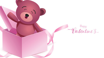 Cute and sweet elements in shape of heart, box of gift, teddy bear flying on pink background. Vector symbols of love for Happy Women's, Mother's, Valentine's Day, birthday greeting banner design