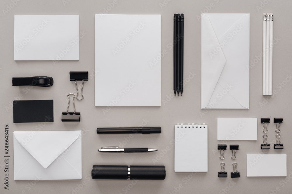 Canvas Prints flat lay with black and white stationery on grey background