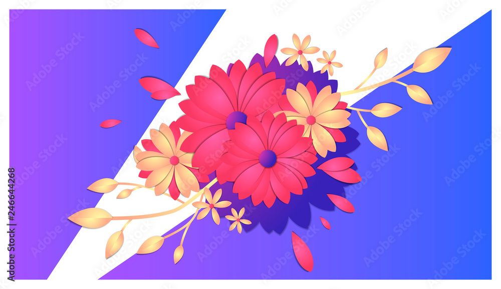 Poster vector image of horizontal banner, flowers with cut paper effect, several layers of objects, templat
