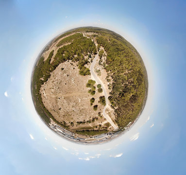 Desert/forest planet aerial picture, Ben Shemen Forest, Israel - little planet.