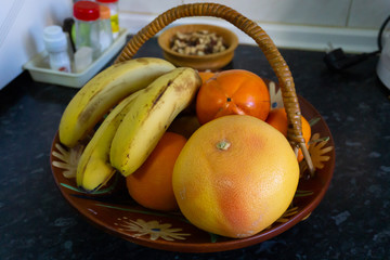 Fruit bowl, saltcellar and spices