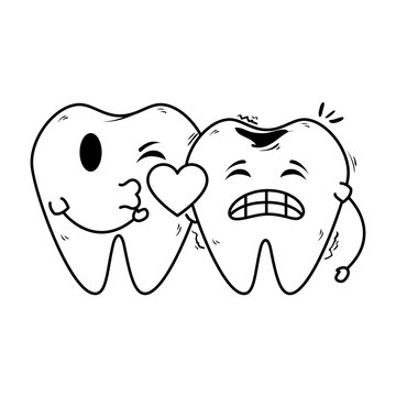 comic teeth couple with heart kawaii