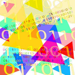  The background with binary code and geometric shapes of different colors .