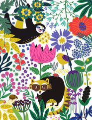 Sloth and Raccoon in jungle pattern. Vector illustration.