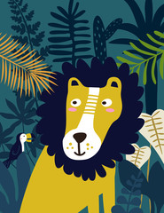 Lion in jungle. Vector illustration.