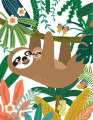 Sloth and baby sloth in jungle pattern. Vector illustration.