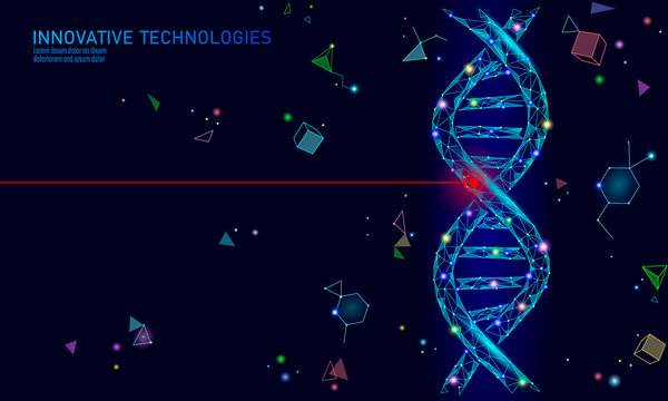 Gene Therapy DNA 3D Chemical Molecule Structure Low Poly. Polygonal Triangle Point Line Healthy Cell Part. Innovation Blue Medicine Genome Engineering Vector Illustration Future Business Technology