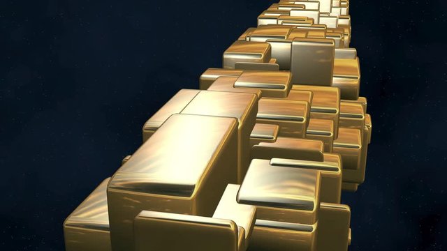 Camera flies over shiny golden  city, space station , cubes, boxes