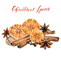 Christmas spices, cinnamon, star anise, cloves, nutmeg, orange, card for you, handmade, watercolor illustrations