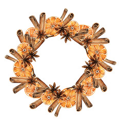 Christmas spices, cinnamon, star anise, cloves, orange, watercolor illustrations, handmade, card for you, wreath