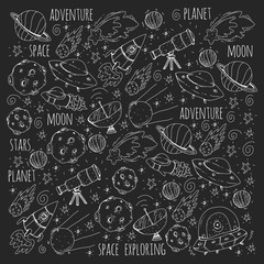 Naklejka premium Space vector illustration. Science, technology pattern. Rocket and spaceships.