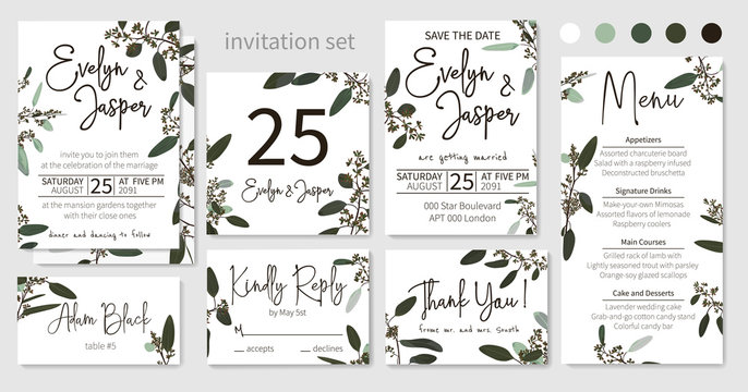 Set of wedding invitations, floral invitations, table, menu, thank you, rsvp card design. Blooming eucalyptus, dark green with long leaves botanical. Vector elegant watercolor rustic, template