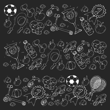Vector pattern with sport elements. Fitness, games, exercises.