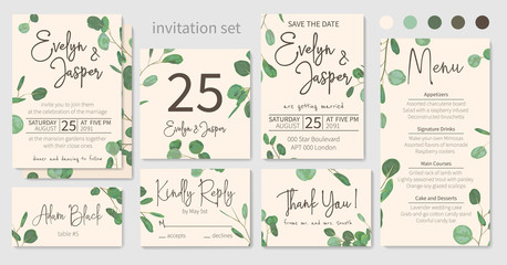 Set of wedding invitations, floral invitations, table, menu, thank you, rsvp card design. Eucalyptus silver dollar, light green with long leaves botanical. Vector elegant watercolor rustic , template - obrazy, fototapety, plakaty