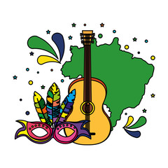 brazilian map with guitar and mask