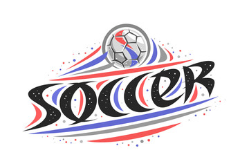 Vector logo for Soccer, outline creative illustration of hitting ball in goal, original decorative brush typeface for word soccer, abstract simplistic sports banner with lines and dots on white.