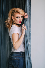 Fototapeta premium stylish white girl in jeans and white t-shirt