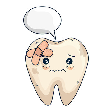 comic tooth with speech bubble and bandages