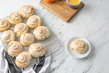 Freshly Baked Homemade Orange Rolls on Kitchen Counter