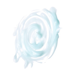 White blue cream beauty body care on white background isolation, top view