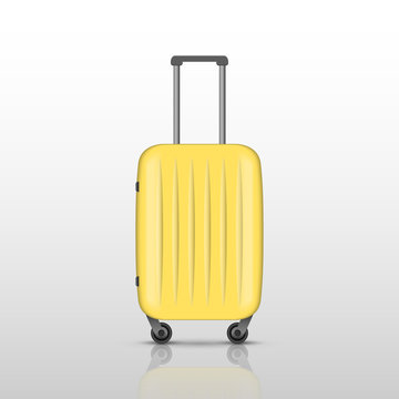 Yellow Travel Suitcase With Reflect Shadow, Vector Illustration