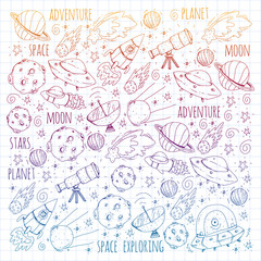 Space vector illustration. Science, technology pattern. Rocket and spaceships.