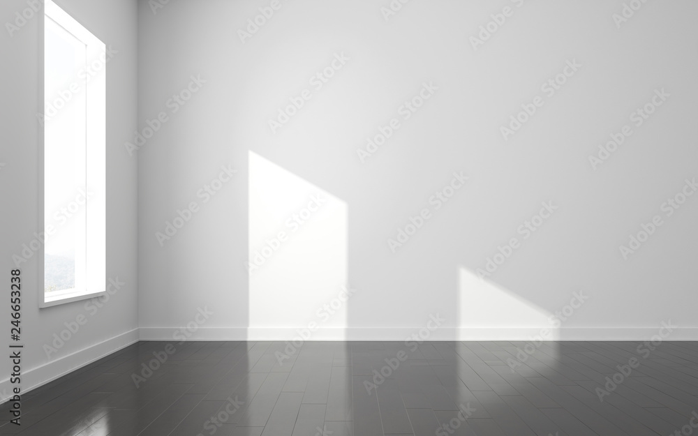 Poster 3D stimulate of white empty room and dark laminate floor with sun light cast shadow on the wall,Perspective of minimal design architecture