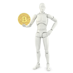 self-confident abstract trader offering Bitcoin in one hand isolated on white background 3d illustration