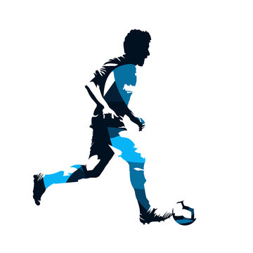 Soccer player running with ball, abstract blue isolated vector silhouette