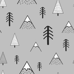 Cute hand drawn seamless pattern with trees and mountains. Creative scandinavian woodland background. Forest. Stylish sketch. Vector illustration - obrazy, fototapety, plakaty