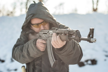 Fototapeta premium Front view gun point riffle machine gun. Shooting and weapons