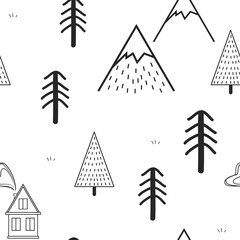 Joli motif harmonieux dessiné à la main avec des arbres, une maison et des montagnes. Fond boisé scandinave créatif. Forêt. Illustration vectorielle