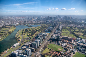 Aerial view of Melbourne skyline from helicopter on a beautiful sunny day, Australia