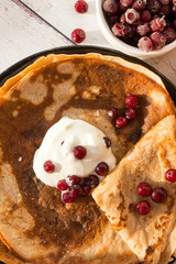 pancakes with sour cream, cranberries, food, Maslenitsa, top view