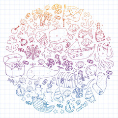 Ocean and sea for children. Cartoon illustration with water creatures. Cute fishes, animals, treasures. Kids vacation pattern, beach toys and elements.