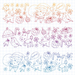 Christmas winter party. Happy new year. Bullfinch, Santa Claus, snowman, deer. Presents and candy.